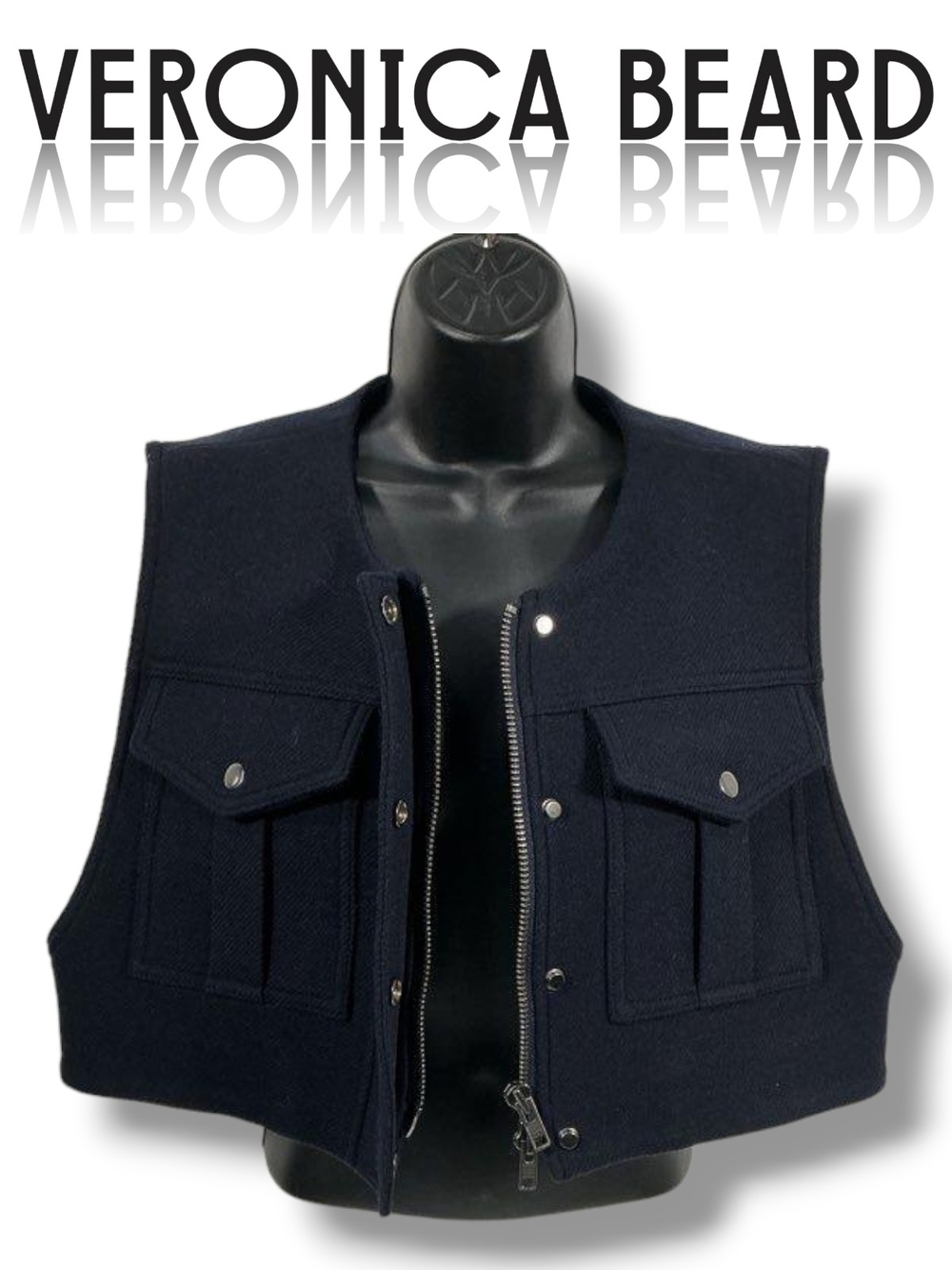 Veronica Beard Navy Cropped Wool Zip Vest & Snap Flap Pockets Women's Size Small
